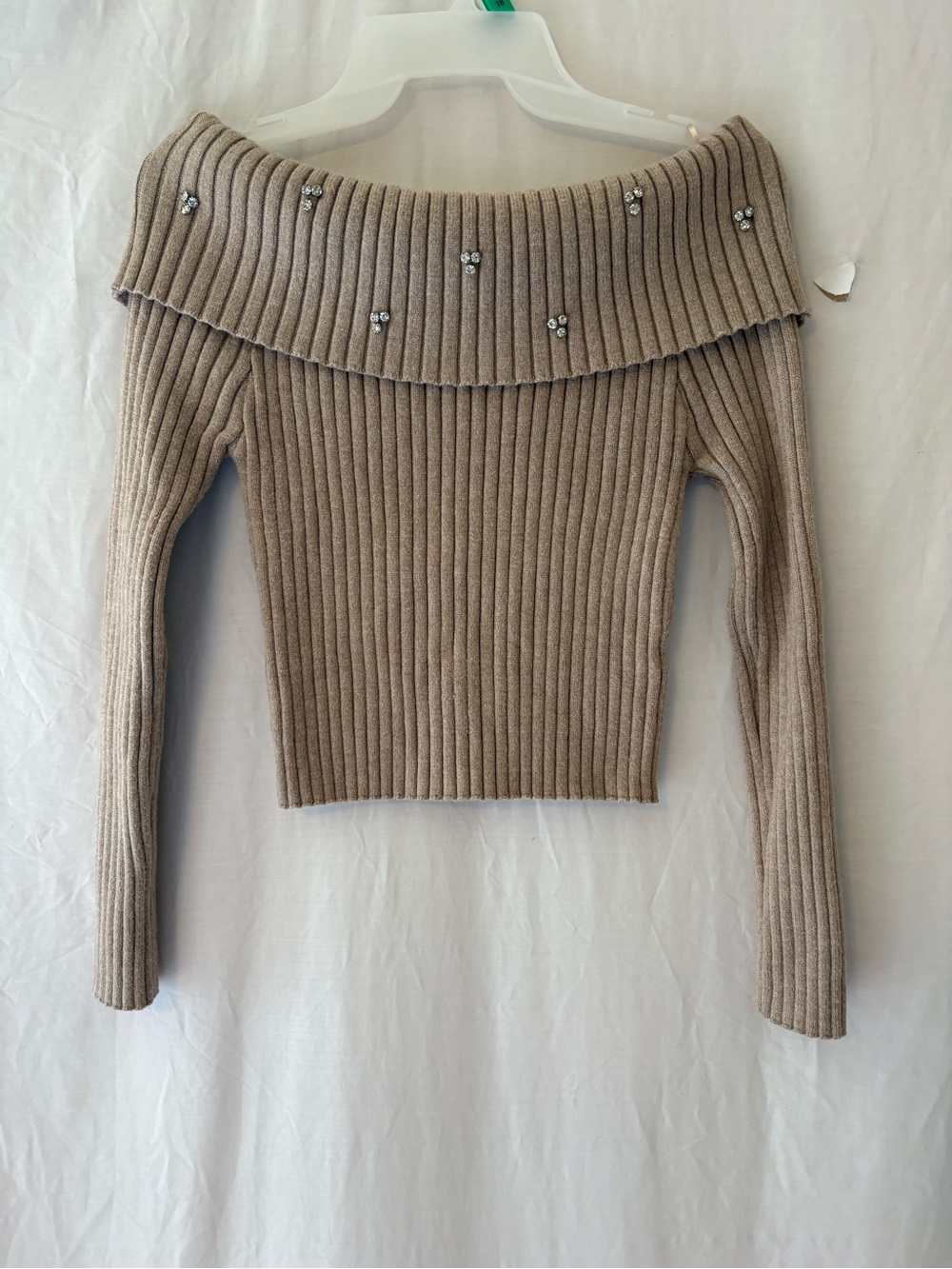 Sweet Rain Taupe Ribbed Off-Shoulder Sweater with Crystal Embellishments